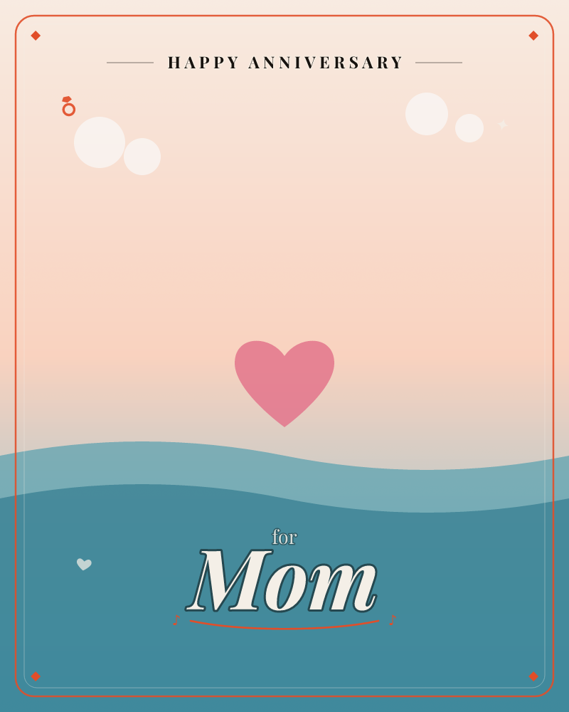 A simple pink heart floats above a gently rolling teal wave under a soft peach sky, with pale bubble-like circles drifting near the top corners, a anniversary e-card design by @DittyCityTeam