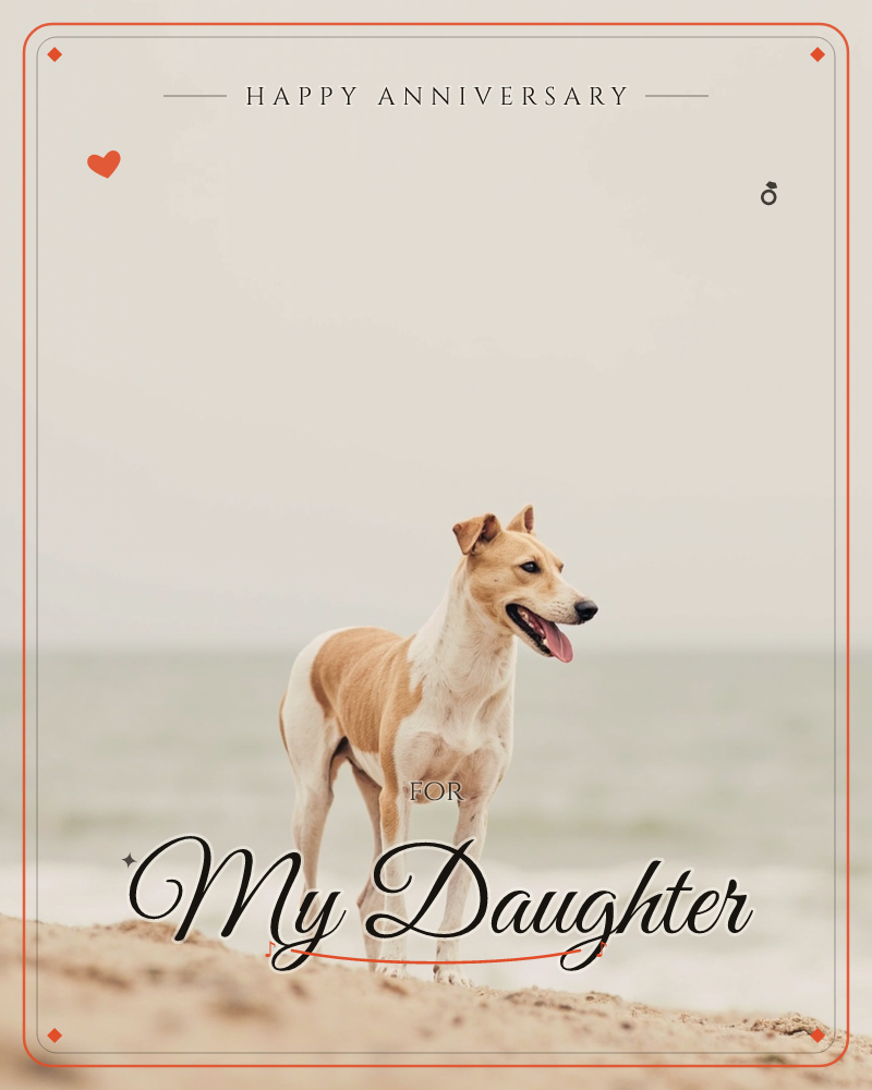 A tan and white dog stands alone on a sandy shore, tongue out and ears perked, facing the pale grey line where sea meets sky, a anniversary e-card design