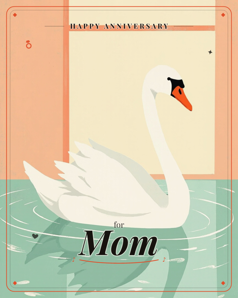 A white swan glides across a pale mint-green pond, its curved neck framed against a soft coral wall and a pane of warm cream, a anniversary e-card design