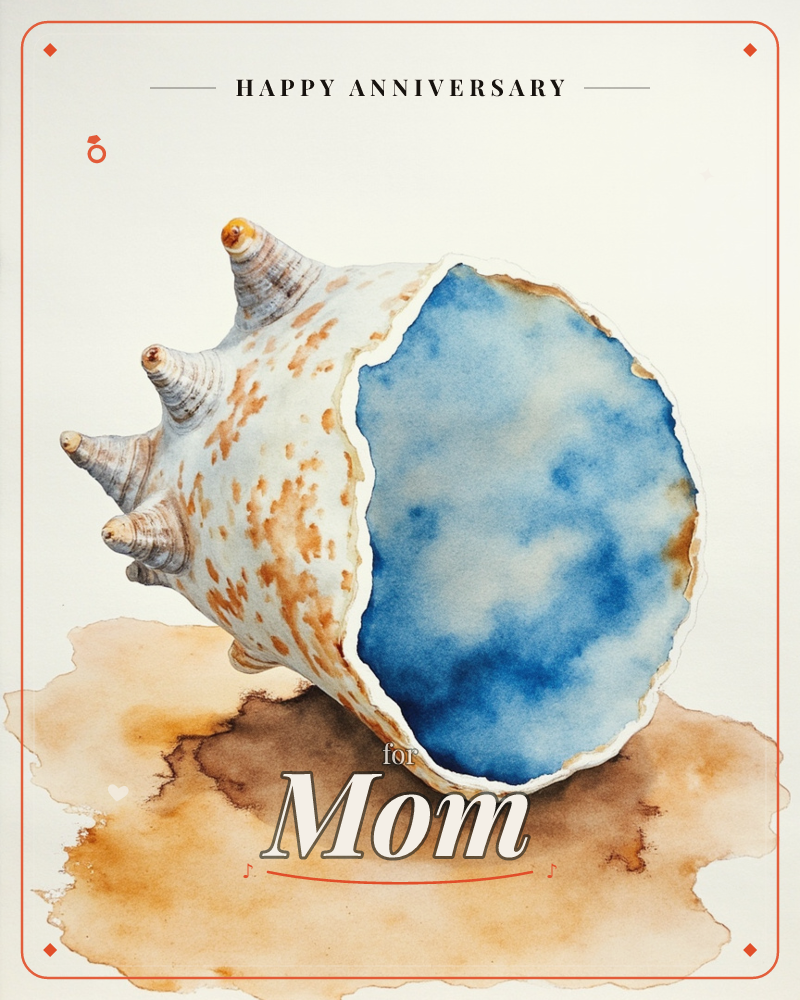 A single conch shell rests on a soft wash of sandy brown, its spiny outer whorls painted in cream and rust speckles while the open mouth reveals a…, a anniversary e-card design