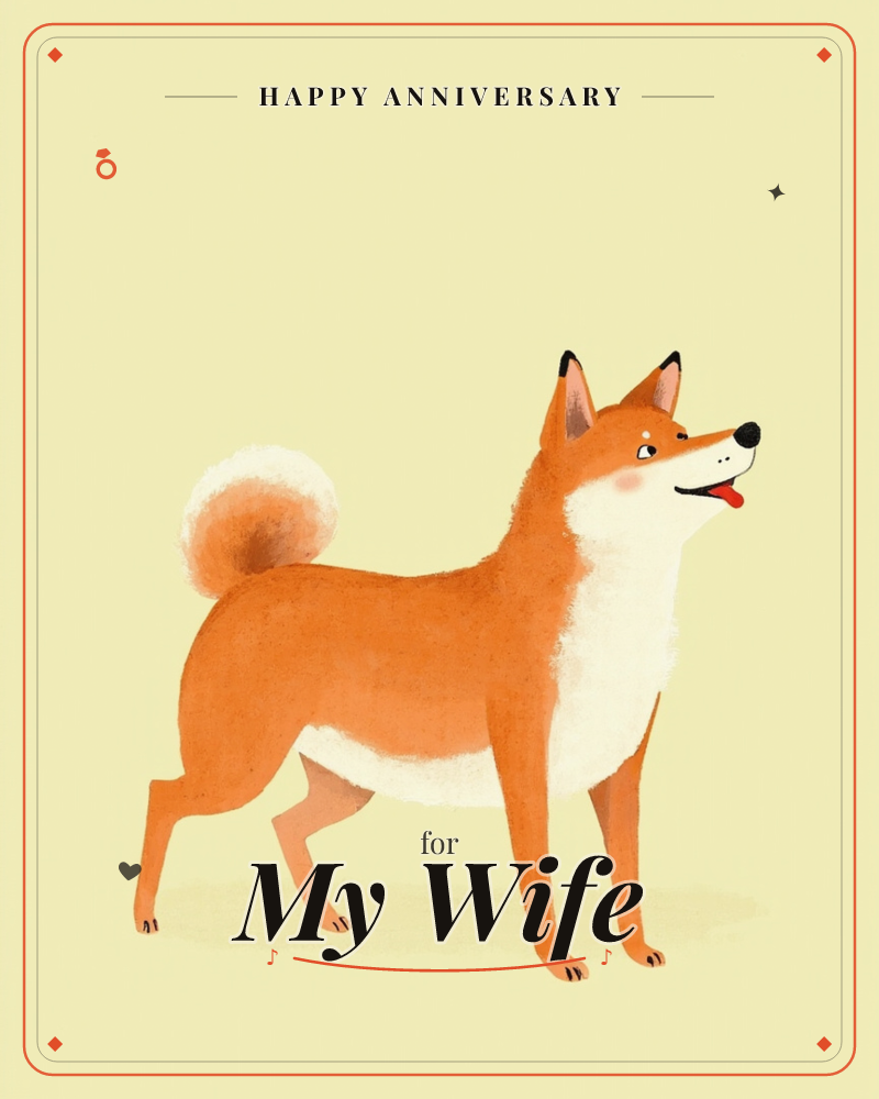 A cheerful shiba inu stands mid-stride against a soft pale yellow background, its curled tail and pointed ears rendered in warm orange and cream tones, a anniversary e-card design