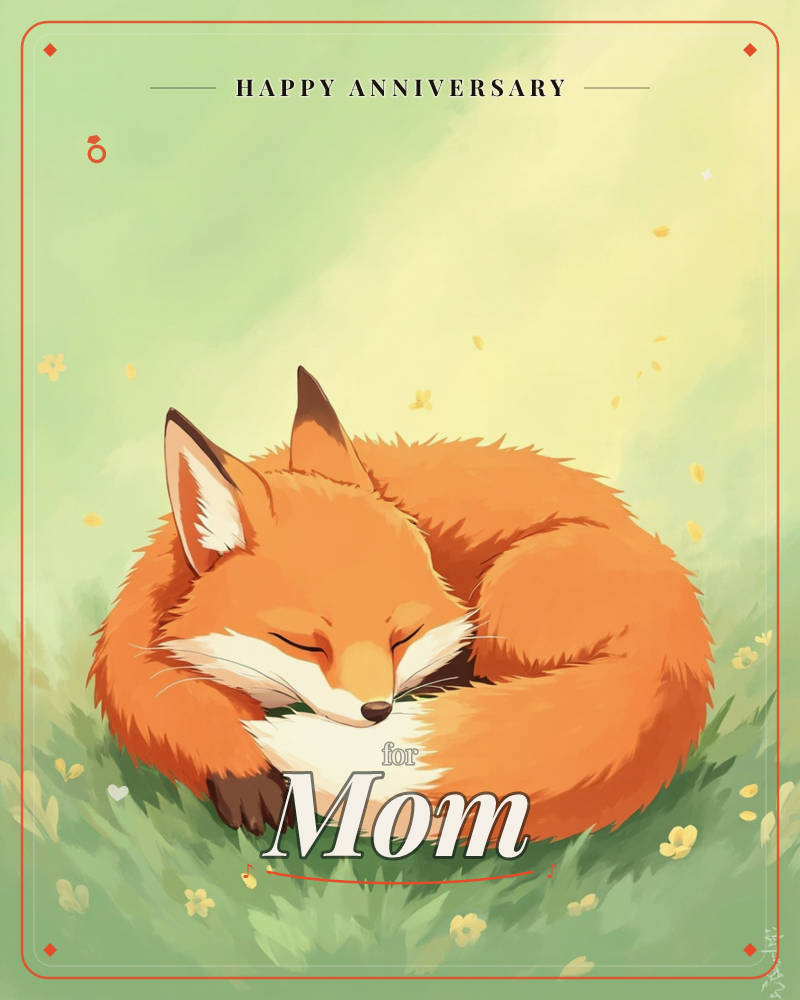 A red fox is curled into a tight sleeping ball on a patch of soft green grass dotted with small yellow flowers, a anniversary e-card design