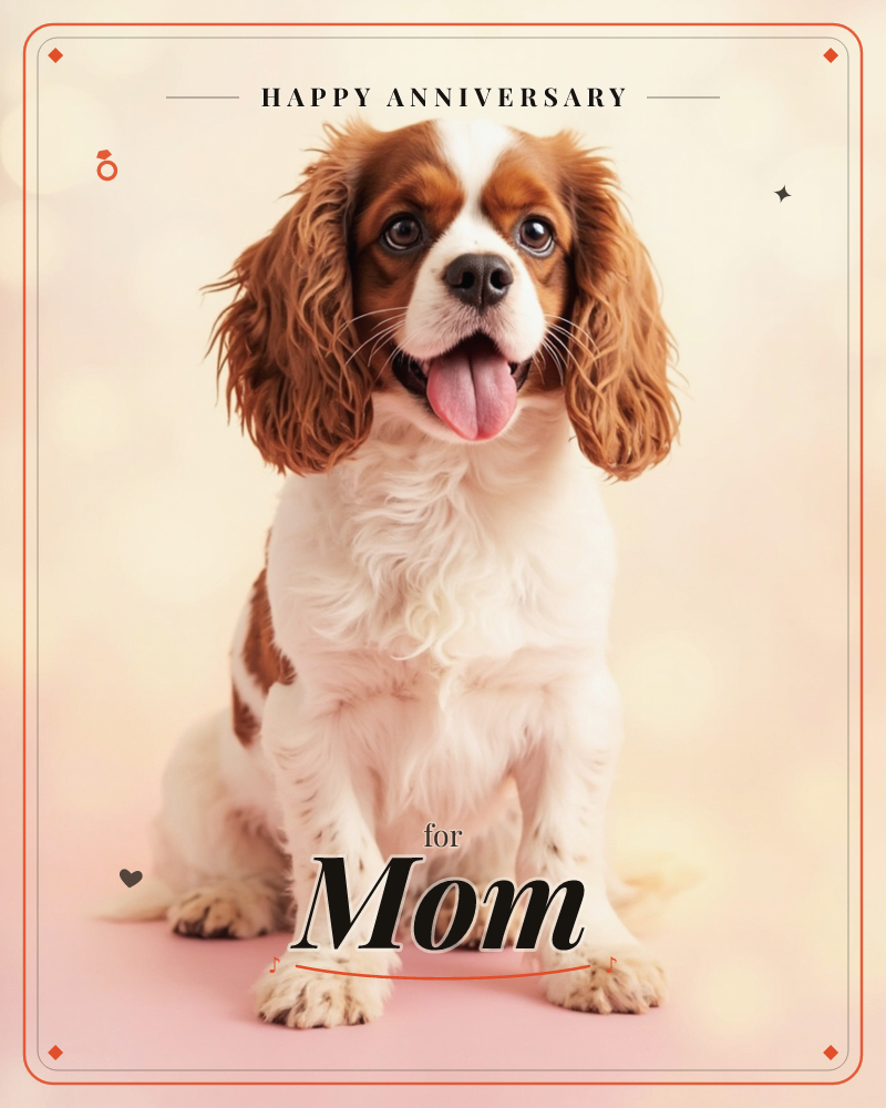 A brown and white spaniel with long silky ears sits facing the camera, mouth open and tongue out in a happy pant, a anniversary e-card design