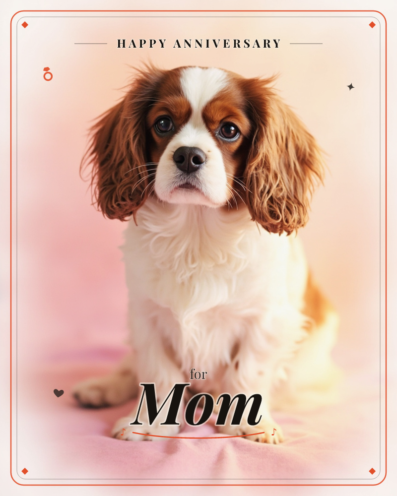 A Cavalier King Charles Spaniel sits front and centre, its chestnut ears framing a white blaze and wide dark eyes staring straight into the camera, a anniversary e-card design