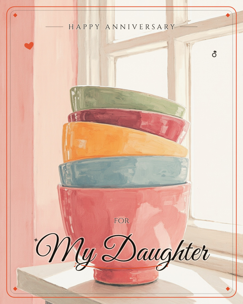 A stack of five mismatched ceramic bowls, coral, sky blue, mustard, berry red and sage green, sits on a windowsill table against a pink wall, backlit…, a anniversary e-card design