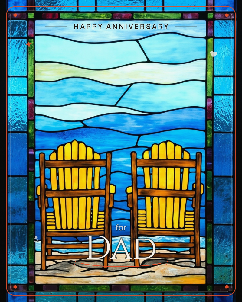 A stained-glass style panel shows two empty yellow Adirondack chairs on a sandy shore, facing out toward a layered blue sea and sky, a anniversary e-card design
