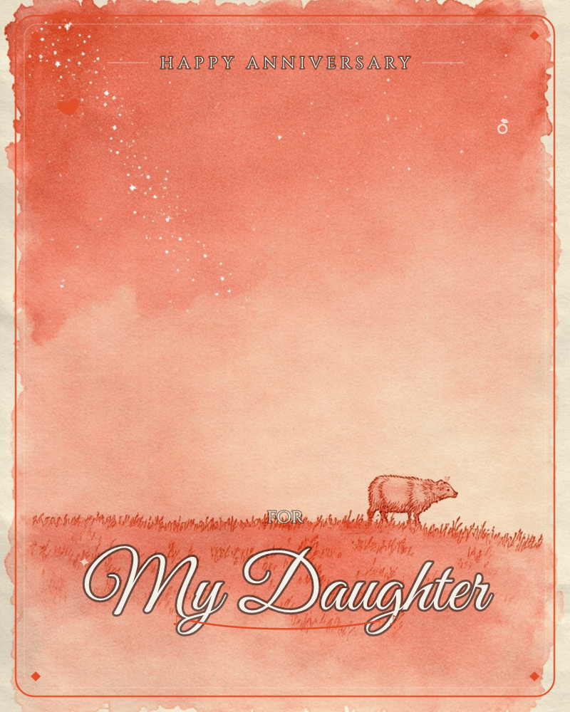 A lone sheep stands in a wispy field of grass beneath a coral-red sky scattered with a swirl of small white stars, a anniversary e-card design