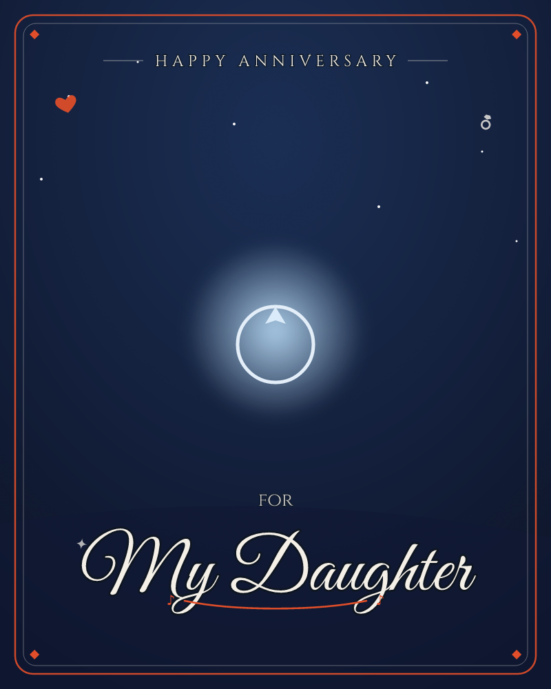 A deep navy night sky glows softly around a single luminous circle, half-open like a moon or a compass ring, with a small triangular marker pointing…, a anniversary e-card design by @DittyCityTeam