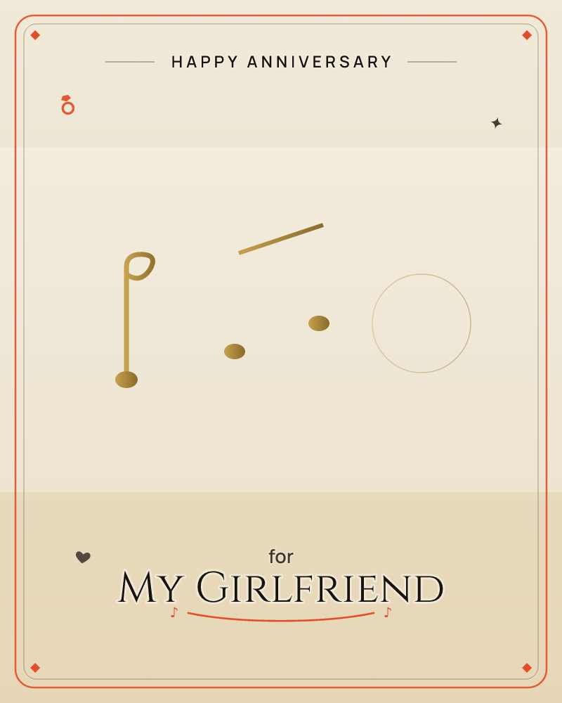 A single gold musical note drifts across a soft cream background, trailed by small dots and a thin diagonal line suggesting motion, with an open circle…, a anniversary e-card design by @DittyCityTeam