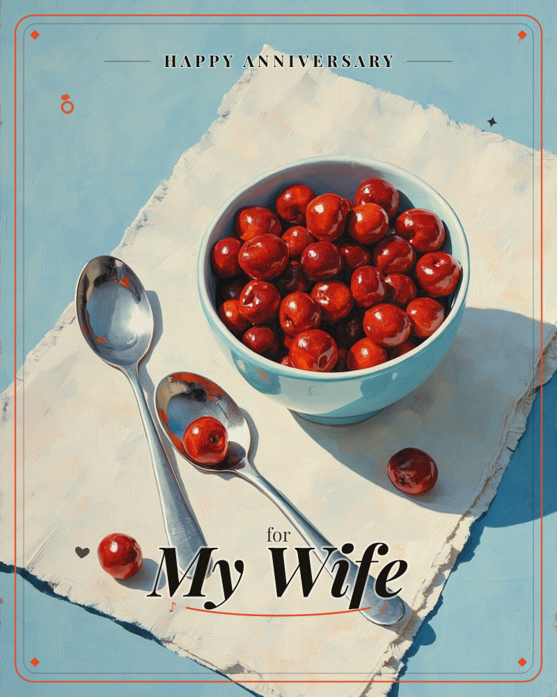 A pale blue bowl brims with glossy red cherries, set on a torn sheet of cream paper against a deep blue background, a anniversary e-card design