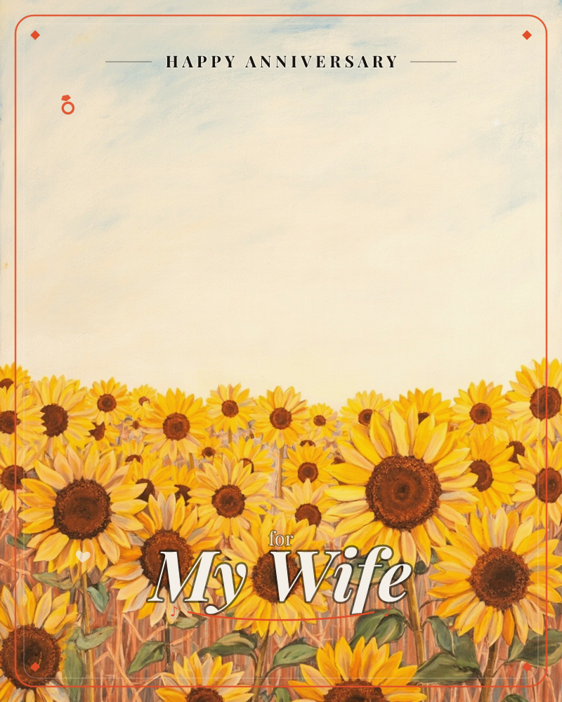 A painted field of sunflowers stretches across the lower half of the card, their brown centres and golden petals turned upward in dense, overlapping rows, a anniversary e-card design