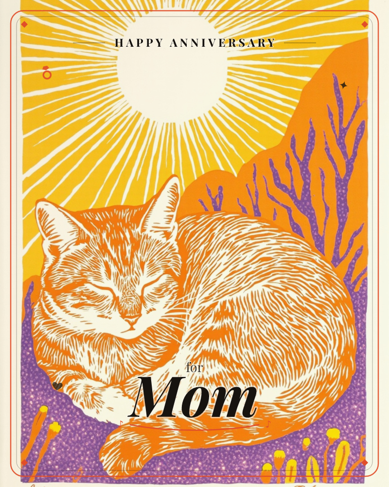 A ginger tabby cat curls into a tight, sleeping loop beneath a bold graphic sun whose rays fill the sky in radiating white lines, a anniversary e-card design