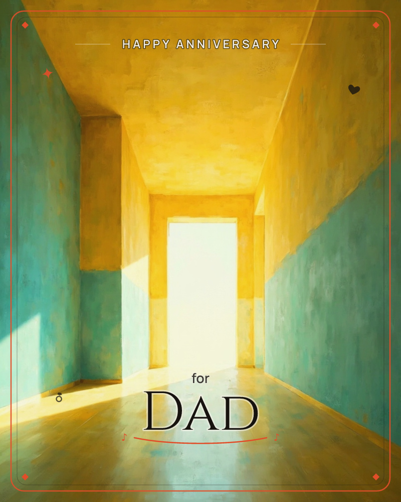 A narrow hallway painted in teal-green and warm gold leads toward an open doorway flooded with bright white light, a anniversary e-card design