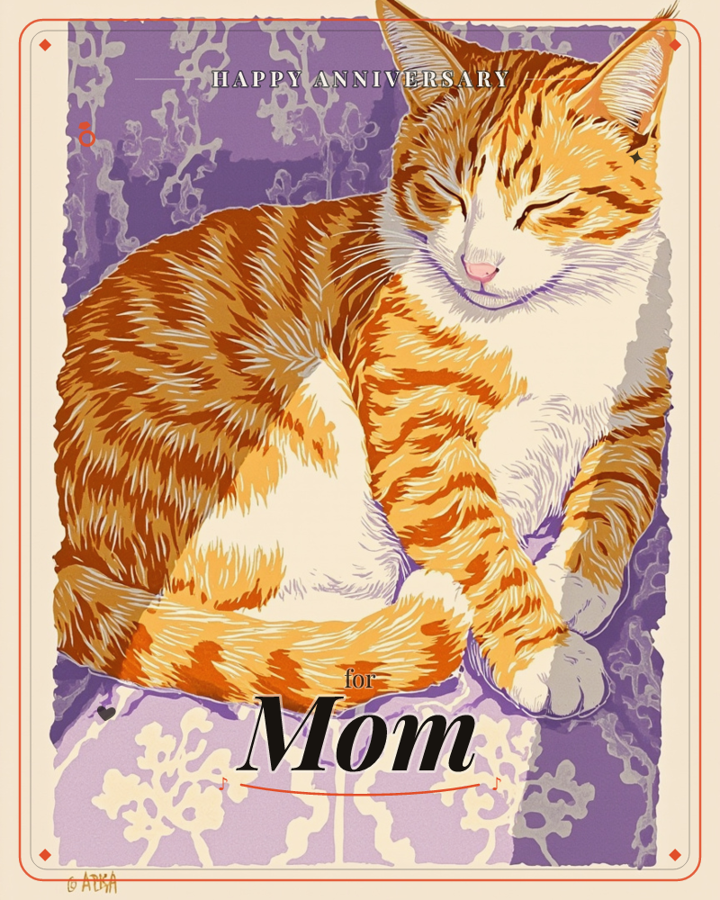 An orange tabby cat curls up asleep on a purple floral cushion, its striped fur rendered in bold cream and rust patterns, a anniversary e-card design