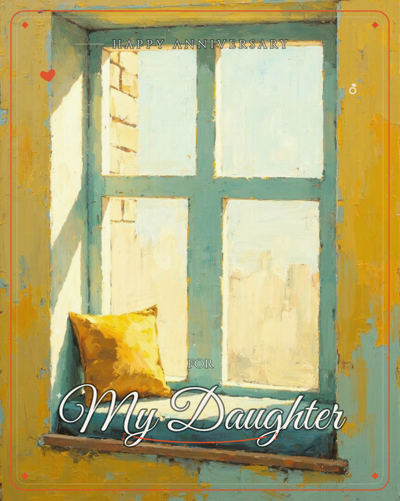 A sunlit window with a weathered teal frame sits in a mustard-yellow wall, its four panes glowing pale blue with the outline of a distant building beyond, a anniversary e-card design