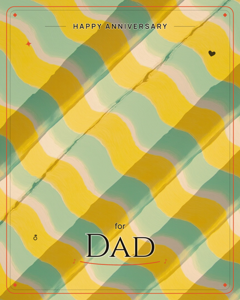 An abstract pattern of diagonal wavy bands in golden yellow and sage green, crossing over one another like woven ribbons or rippled fabric caught in…, a anniversary e-card design