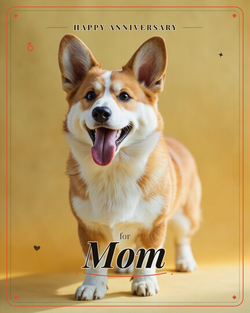 A corgi stands against a warm mustard-yellow backdrop, ears perked straight up and tongue lolling out in a happy pant, a anniversary e-card design