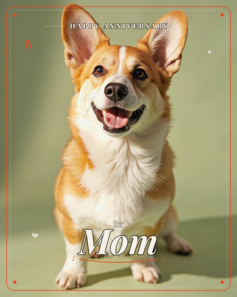 A corgi sits upright against a soft sage-green backdrop, ears perked and mouth open in a happy grin, a anniversary e-card design