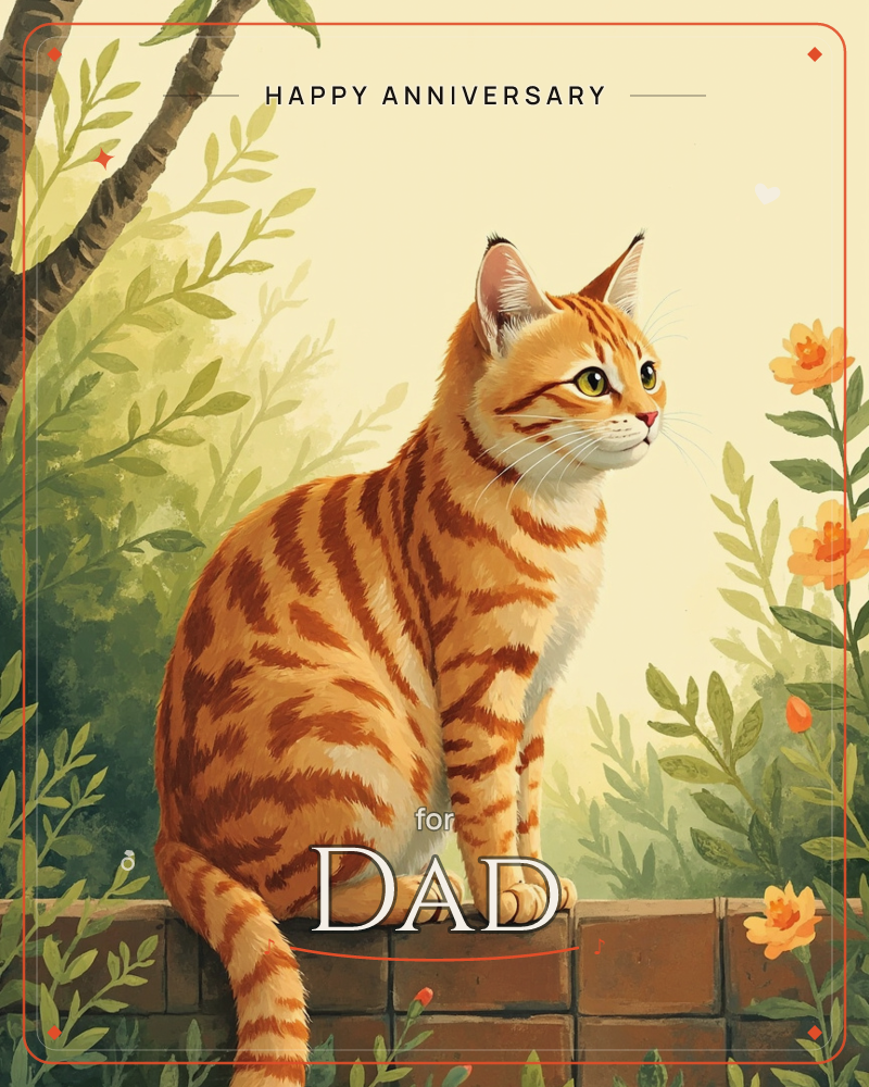 An orange tabby cat sits upright on a brick garden wall, gazing off to the side with wide amber eyes, a anniversary e-card design