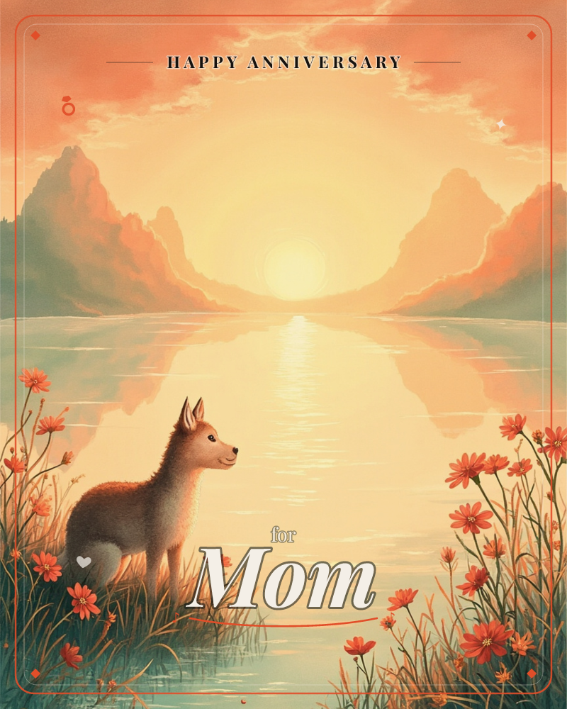 A young fox-eared creature stands quietly among wild cosmos flowers at the edge of a still lake, gazing toward a glowing sun setting between soft…, a anniversary e-card design