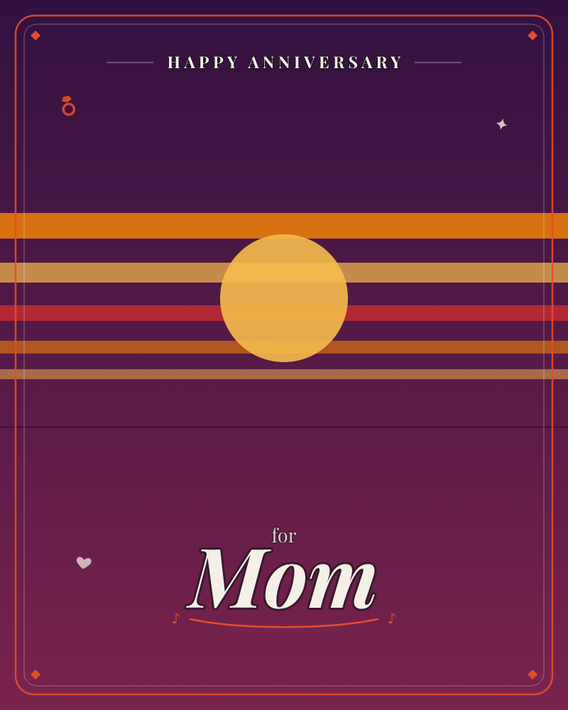 A retro-style sun sits low on a horizon of thin orange, coral, and rust stripes, glowing against a deep plum-to-black gradient sky, a anniversary e-card design by @DittyCityTeam