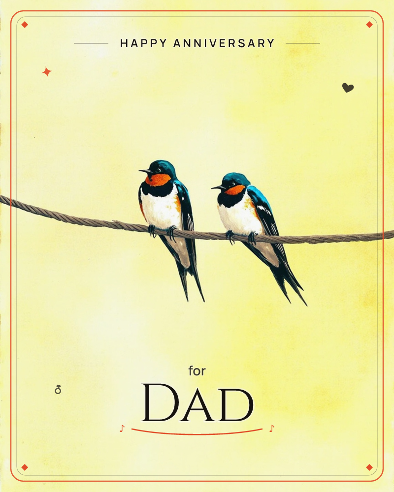 Two barn swallows perch side by side on a thick wire, their glossy blue-black wings and rust-orange throats catching soft light against a warm, buttery…, a anniversary e-card design