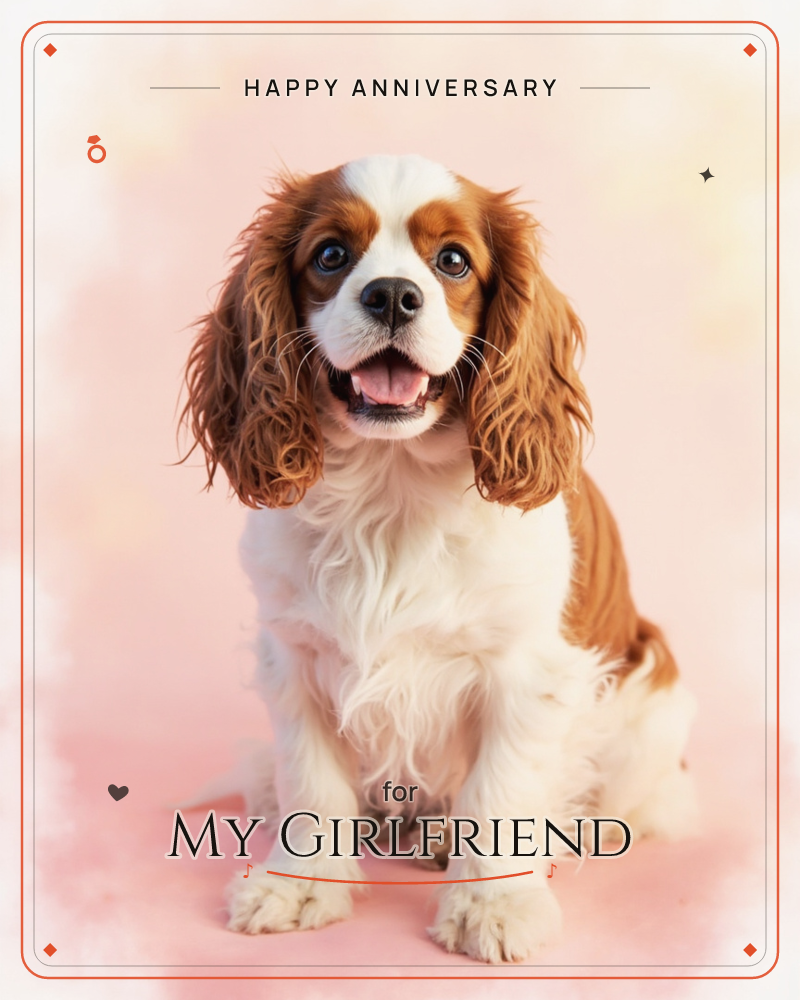 A Cavalier King Charles Spaniel with silky chestnut-and-white fur sits front and centre, mouth open in a happy pant, long ears framing its face, a anniversary e-card design