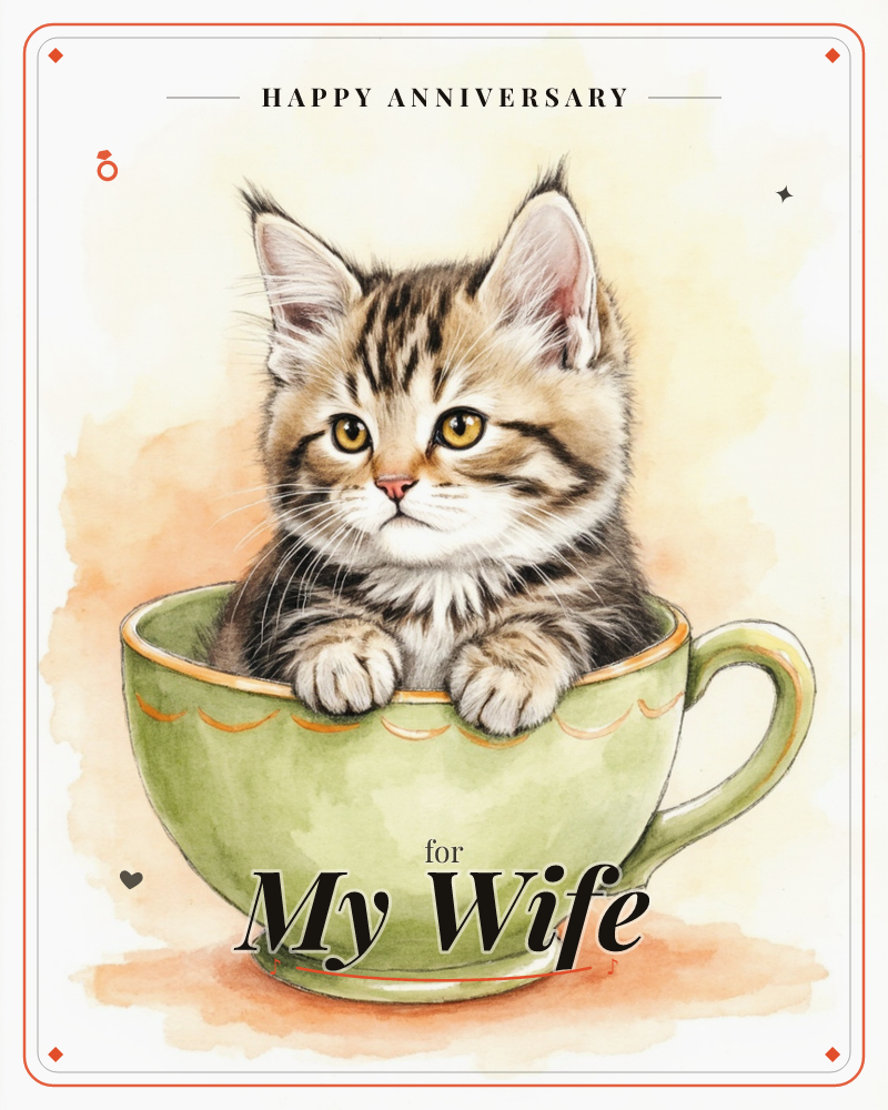 A tabby kitten with wide amber eyes sits tucked inside an oversized green teacup, paws draped over the rim, a anniversary e-card design