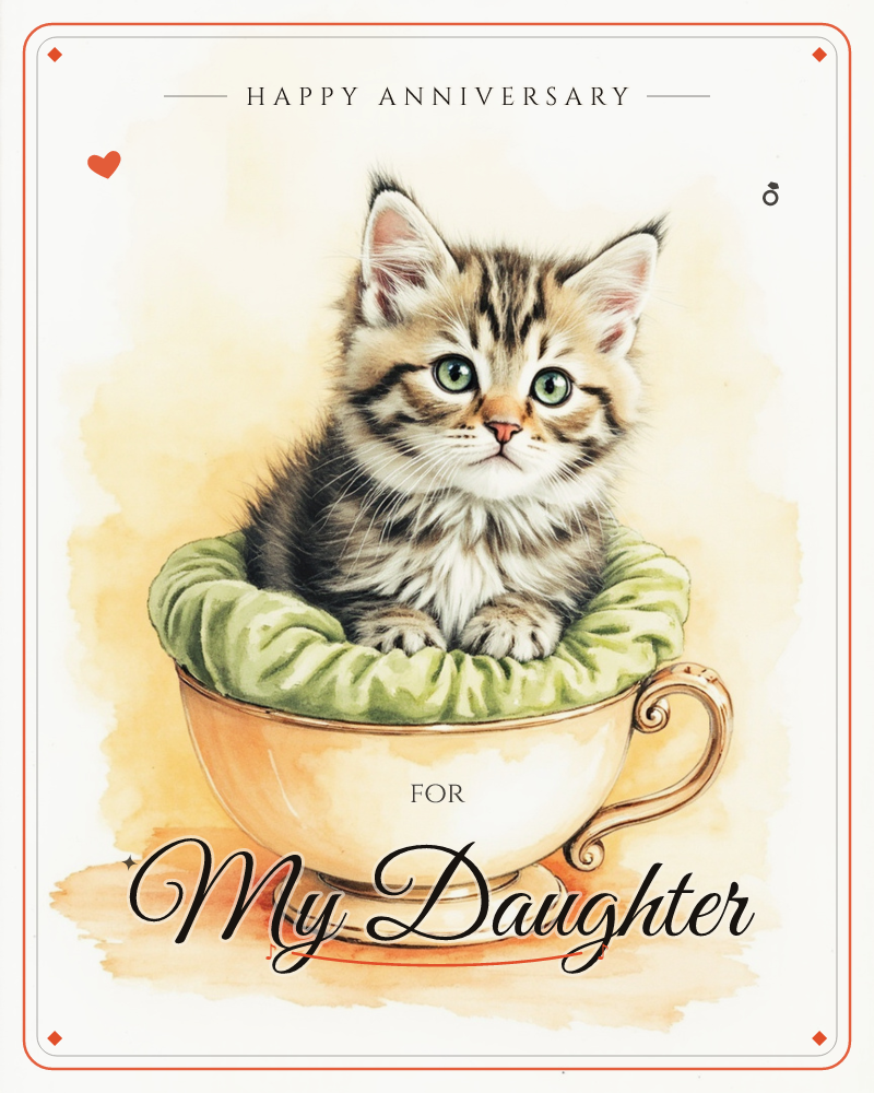 A wide-eyed tabby kitten with bright green eyes sits curled inside an oversized teacup, its fur spilling over a soft sage-green cushion tucked into the…, a anniversary e-card design