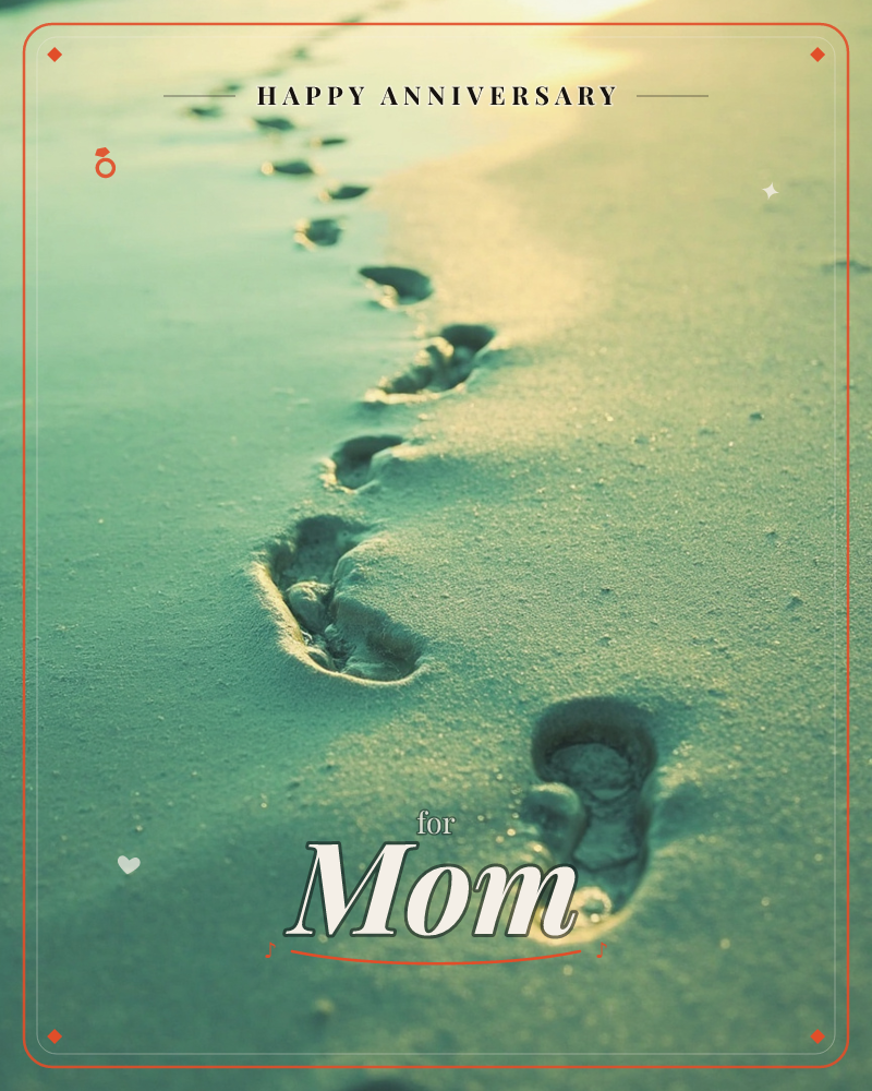 A trail of bare footprints curves away across smooth, damp sand, caught in a cool teal-green light with a warm glow along the horizon edge, a anniversary e-card design