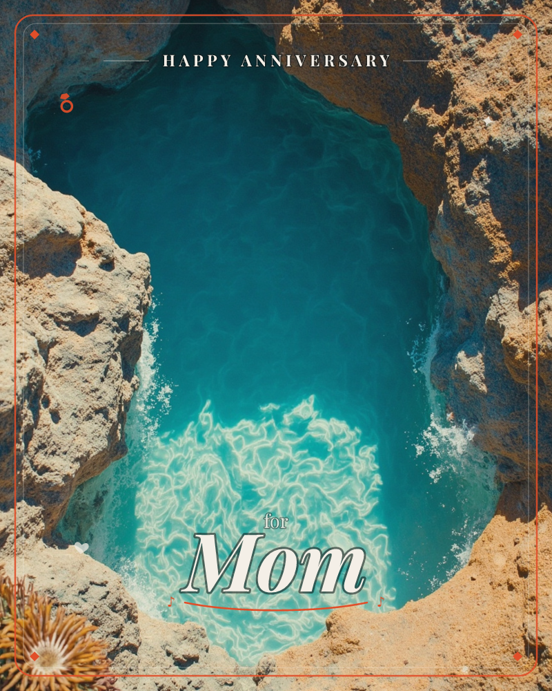 A bird's-eye view down into a natural rock pool, its jagged sandy-beige edges framing a deep turquoise basin, a anniversary e-card design