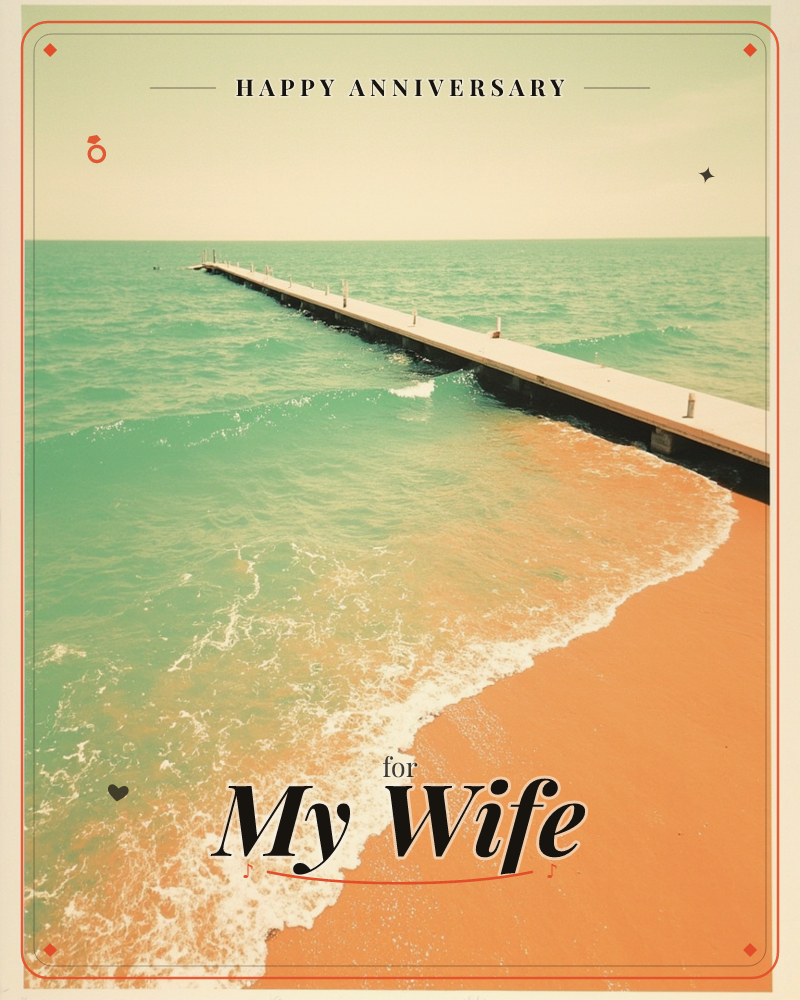 A long narrow pier stretches out over turquoise water toward a pale horizon, its wooden posts casting small shadows into the sea, a anniversary e-card design