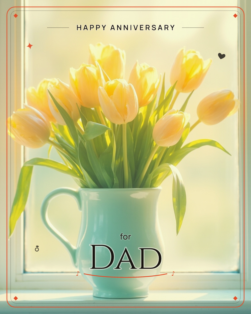 A pale mint jug crowded with yellow tulips sits on a windowsill, backlit by soft, hazy sunlight streaming through the glass, a anniversary e-card design