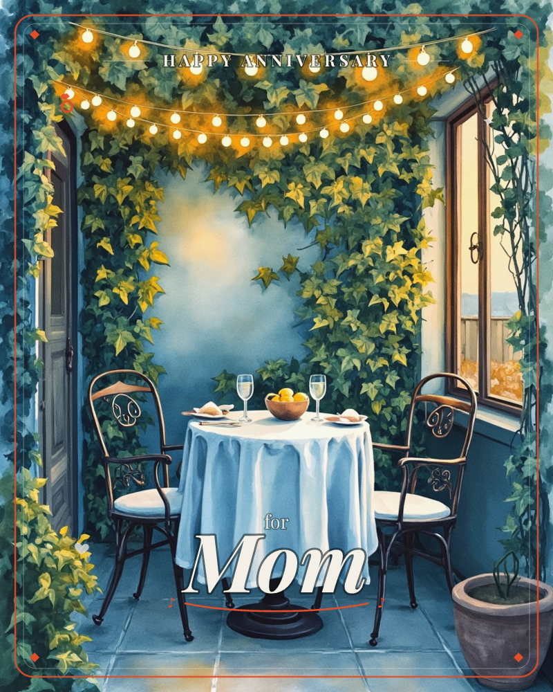A cosy corner set for two glows beneath strings of warm fairy lights, the walls entirely wrapped in trailing ivy, a anniversary e-card design