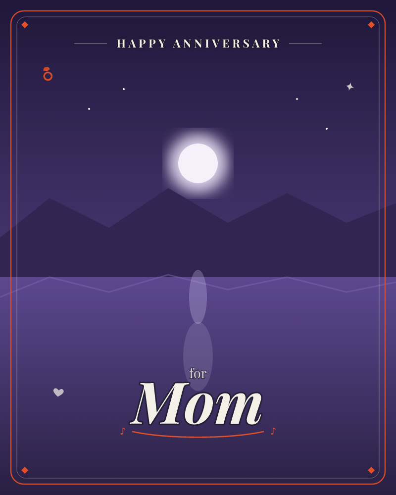 A full moon glows above a jagged mountain silhouette, its light spilling down onto a still lake in a soft vertical reflection, a anniversary e-card design by @DittyCityTeam