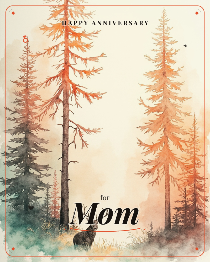A watercolour forest glows in shades of burnt orange and amber, tall pines rising into a soft, hazy sky, a anniversary e-card design