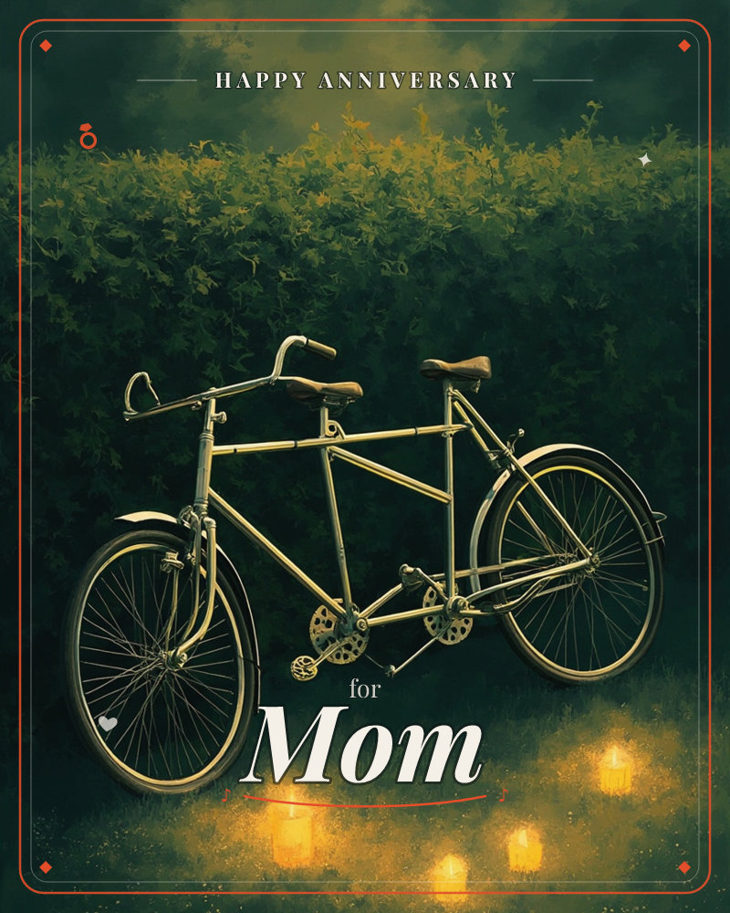 A vintage tandem bicycle stands alone against a dense, dark hedge glowing faintly gold at the top edge, a anniversary e-card design