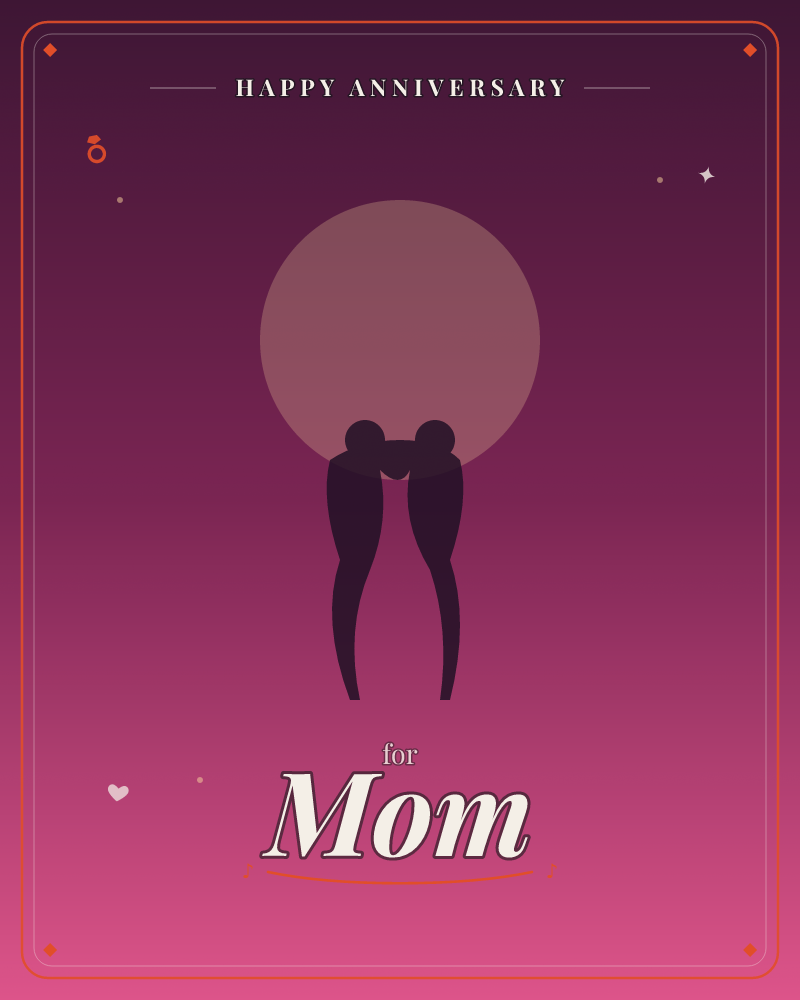 Two silhouetted figures lean their heads together beneath a large pale moon, set against a deep magenta sky fading to near-black at the edges, a anniversary e-card design by @DittyCityTeam