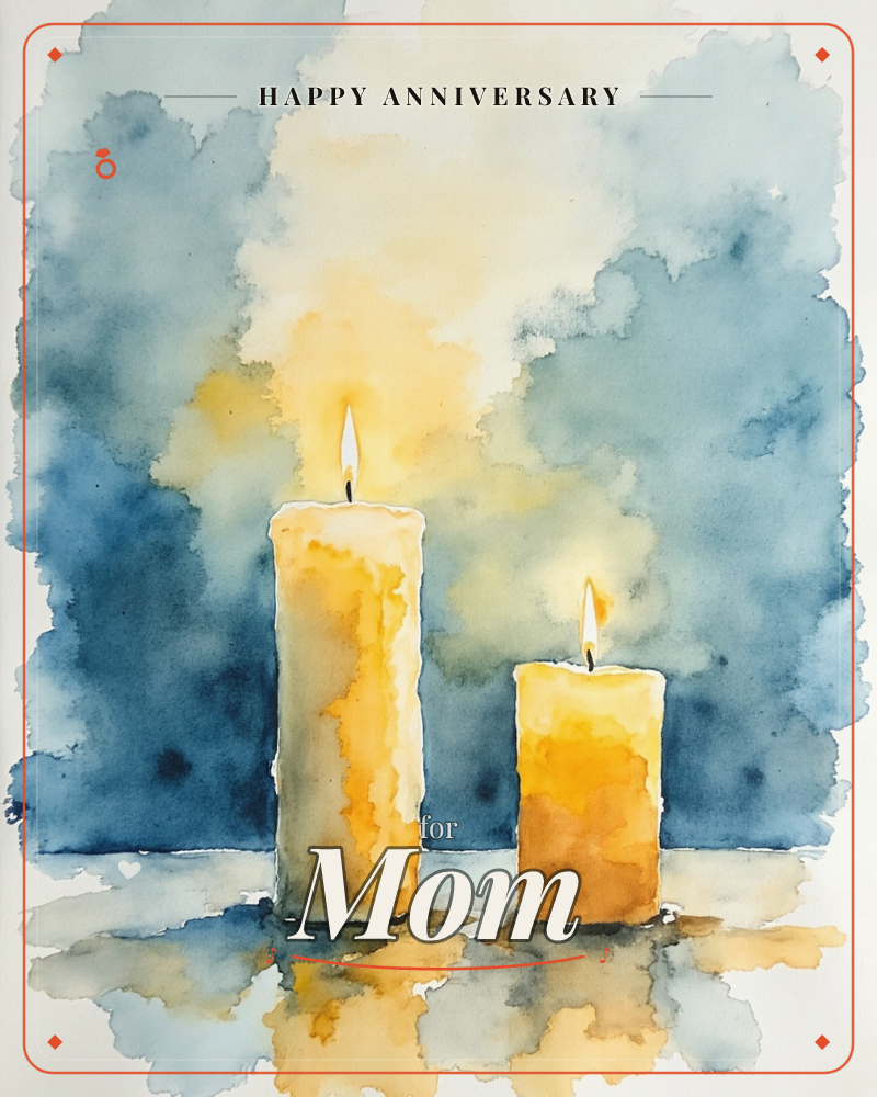 Two lit pillar candles, one tall and one short, stand side by side against a softly clouded watercolour wash of deep blue with a warm golden glow…, a anniversary e-card design