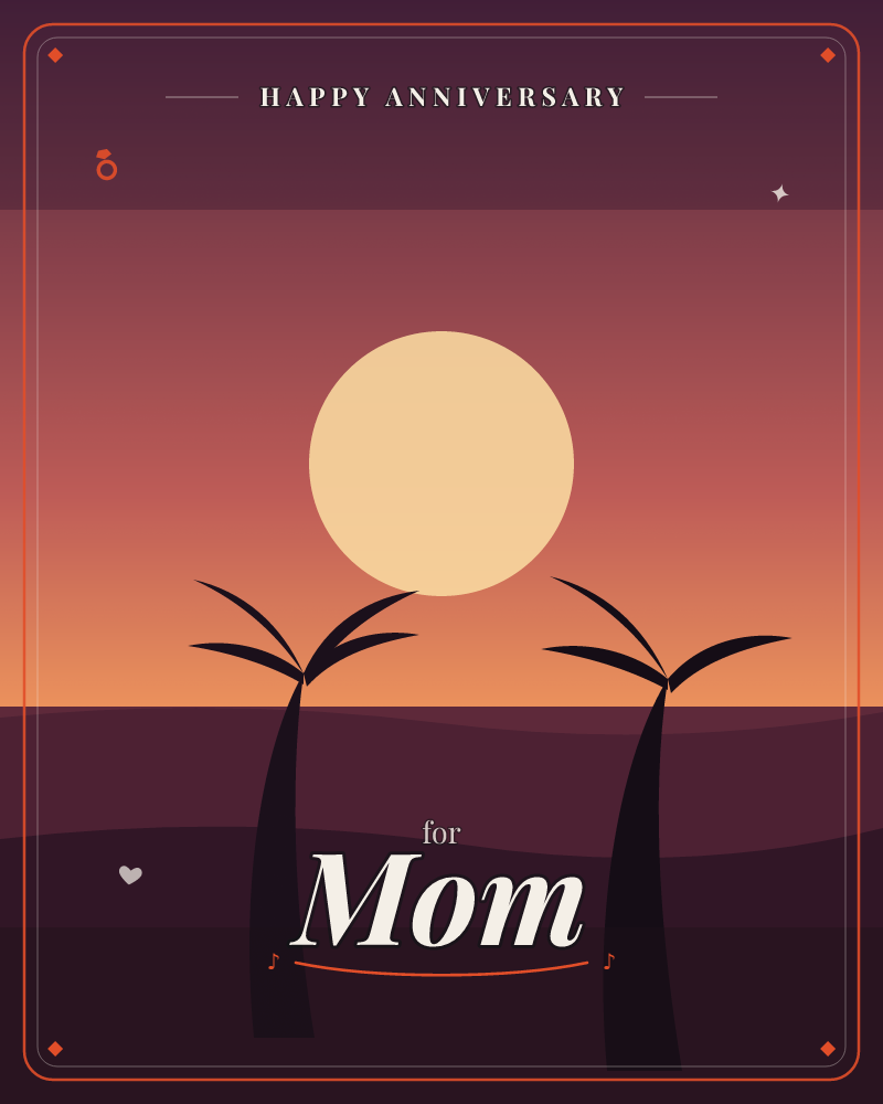 A large pale sun hangs low over rolling dark dunes, with two slender palm trees silhouetted against a gradient sky that fades from deep plum at the top…, a anniversary e-card design by @DittyCityTeam