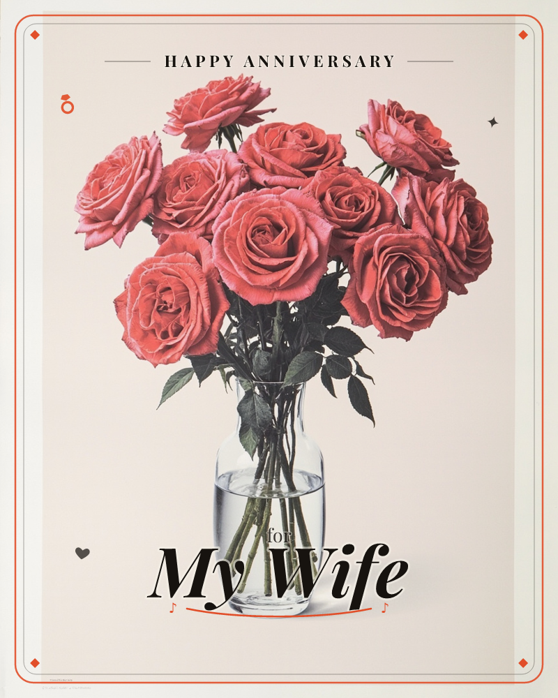 A full bouquet of red roses stands in a clear glass vase filled with water, their stems visible beneath the surface, a anniversary e-card design