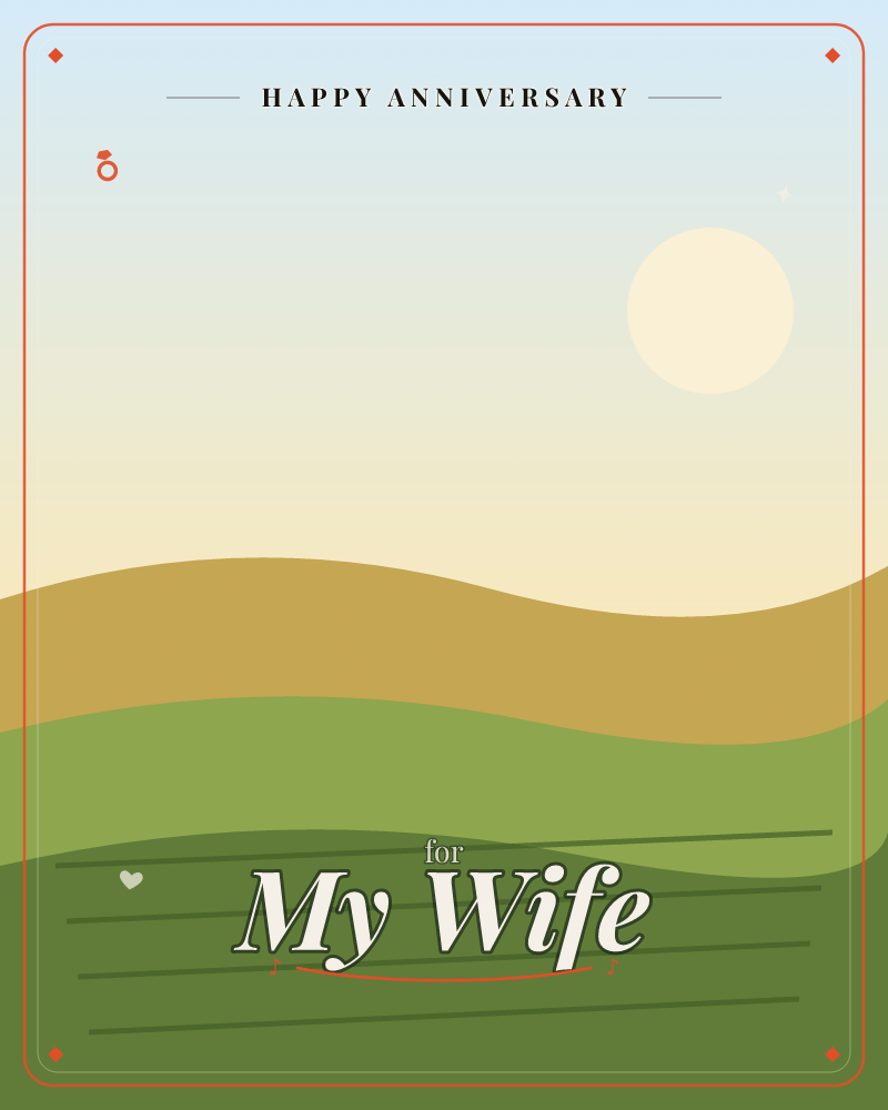 A pale sun hangs low in a soft grey-blue sky over rolling hills rendered in flat bands of mustard gold and green, a anniversary e-card design by @DittyCityTeam