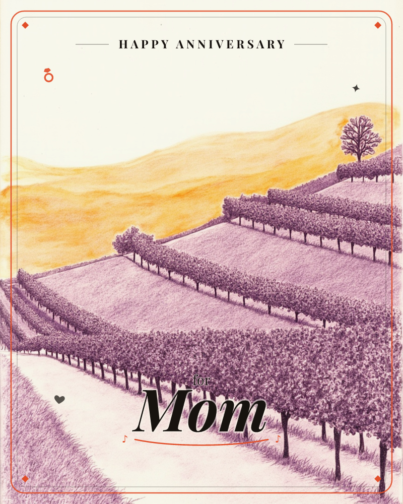 A vineyard rises in terraced rows across rolling hills, rendered entirely in shades of purple against a warm mustard-gold sky, a anniversary e-card design