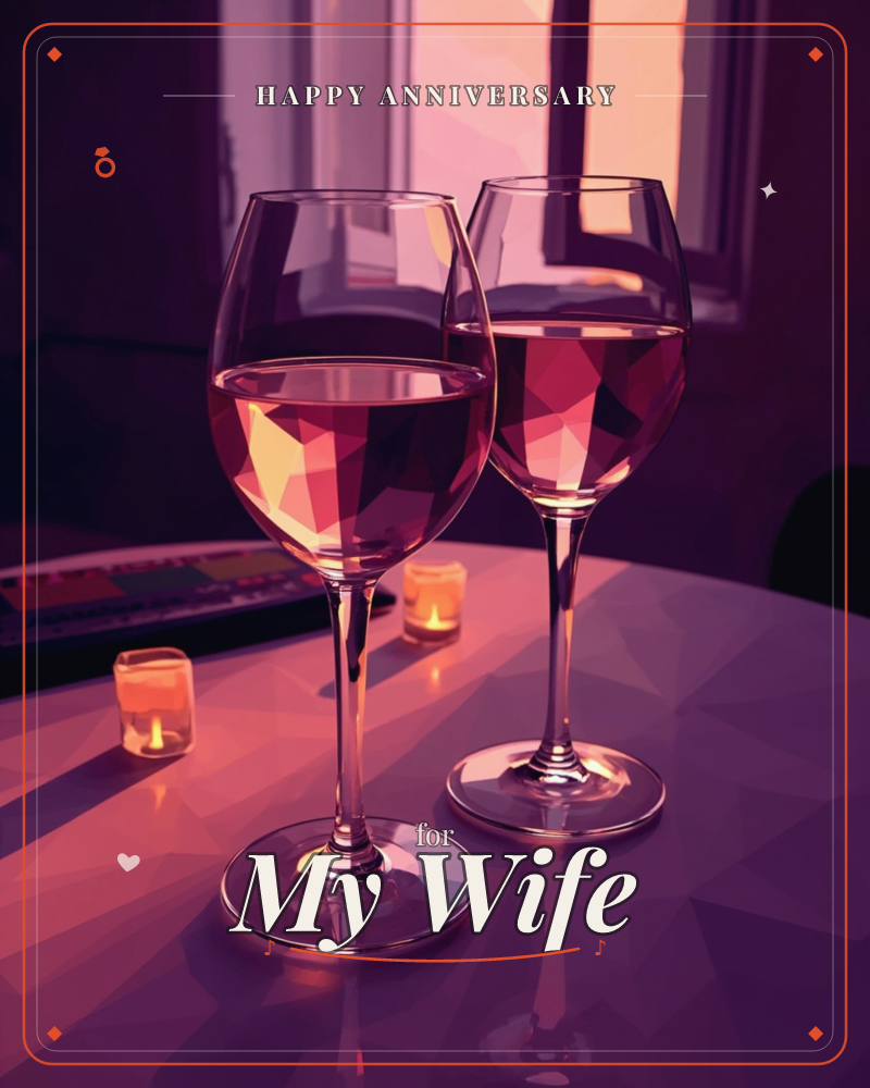 Two wine glasses catch low candlelight on a table rendered in faceted, jewel-like planes of pink and violet, a anniversary e-card design