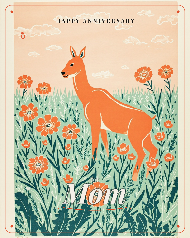 A slender orange deer stands alert in a tall meadow of sage-green grasses and bold orange poppies, its ears perked toward something unseen, a anniversary e-card design