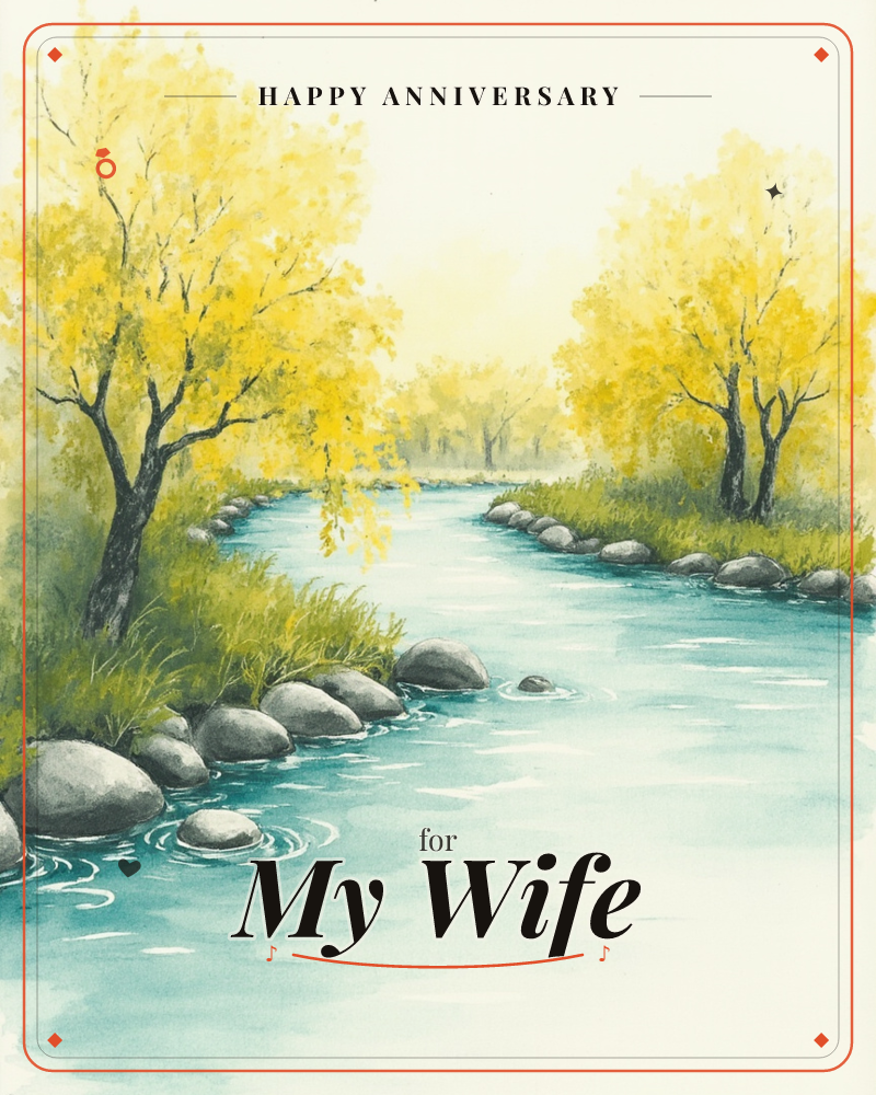 A quiet turquoise stream winds between rounded grey boulders, bordered by grassy banks and trees in full golden-yellow leaf, a anniversary e-card design