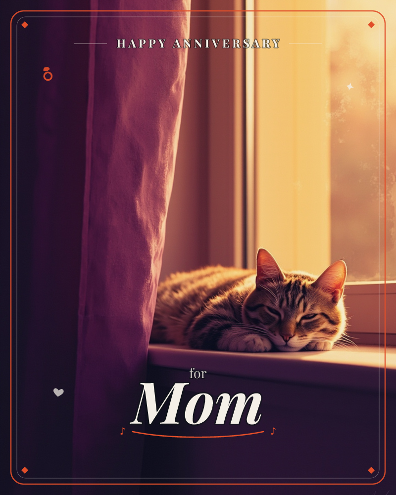 A tabby cat lies curled on a sunlit windowsill, eyes half-closed against the warm glow pouring through the glass, a anniversary e-card design