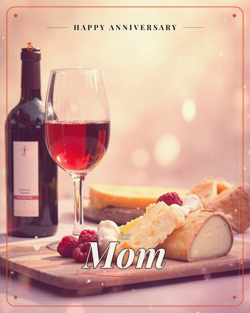 A photographic still life of a wine bottle and a filled glass of red wine beside a wooden board of soft cheeses, bread and fresh raspberries, a anniversary e-card design