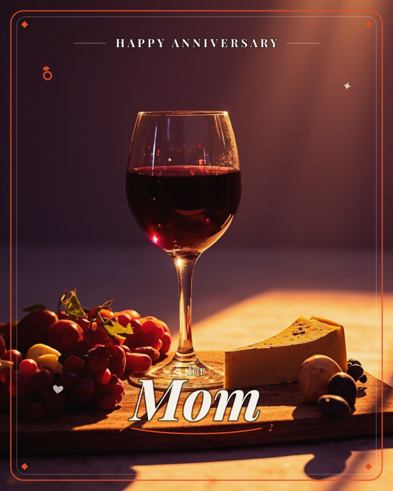 A glass of red wine catches a warm spotlight against a near-black background, its stem casting a long shadow across a wooden board scattered with…, a anniversary e-card design