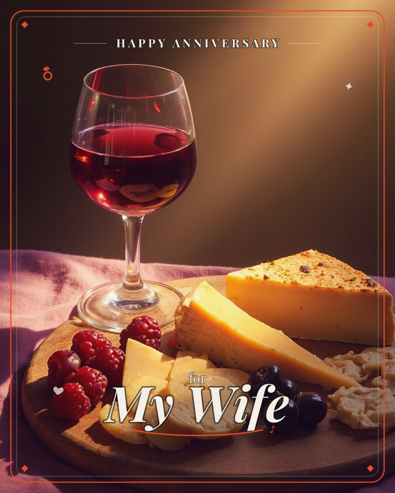 A glass of red wine catches a warm shaft of light beside a wooden board of cheeses, dark grapes, and fresh raspberries, all set on a plum-coloured cloth, a anniversary e-card design